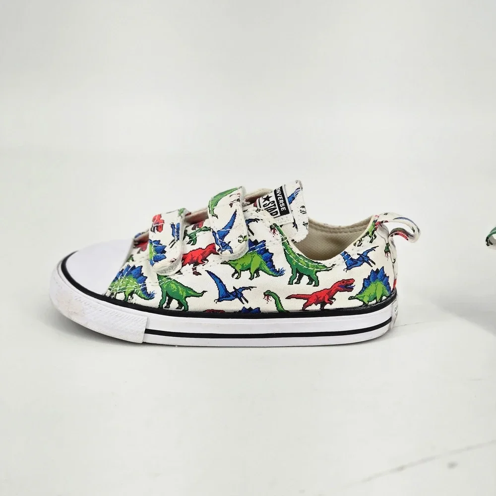 Converse Chuck Taylor All Star 2V Dinosaur Print White Canvas Toddler Shoes 10c